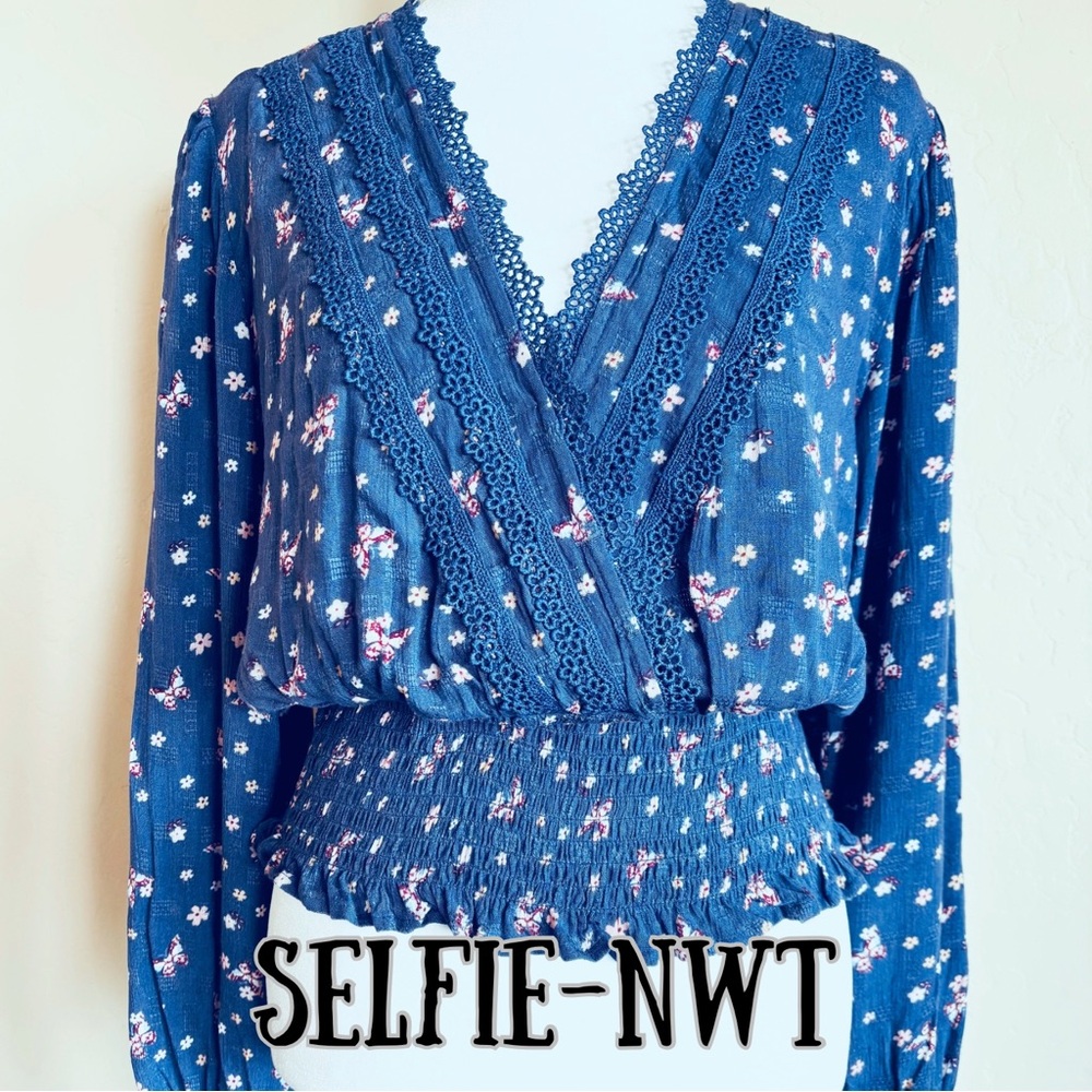 Blue BOHO Butterfly & Floral Women's Top by Selfie NWT